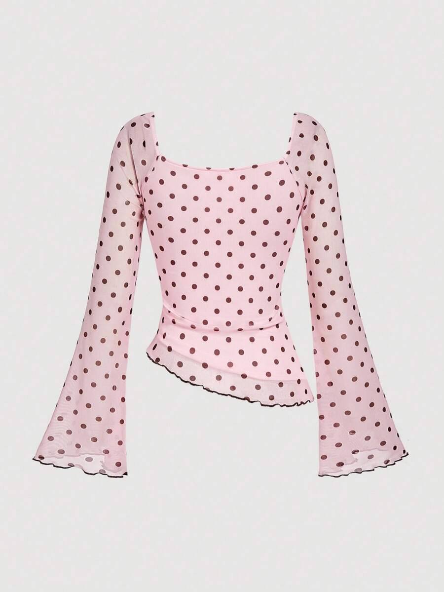 Women's polka dot mesh T-shirt with long flare sleeves, square neckline, bow detail, and asymmetric ruffle hem.