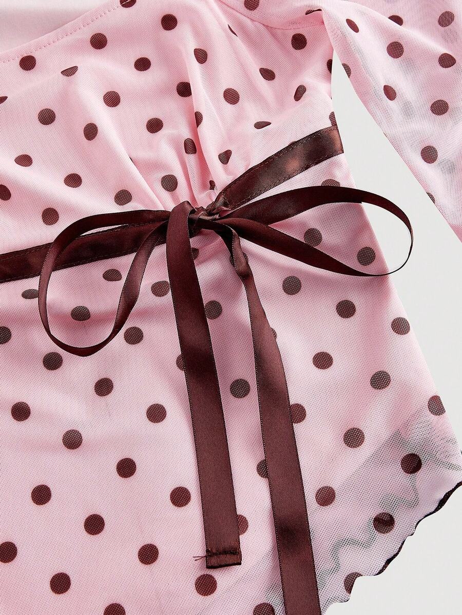 Women's polka dot mesh T-shirt with long flare sleeves, square neckline, bow detail, and asymmetric ruffle hem.