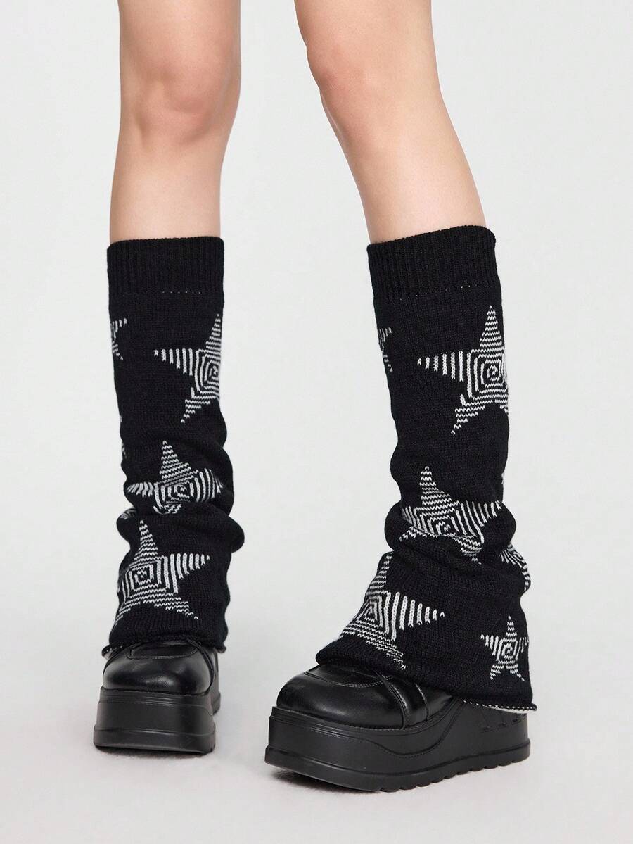 Pair of women's extra long knitted leg warmers featuring a gothic grunge design with subtle ruffle detailing.