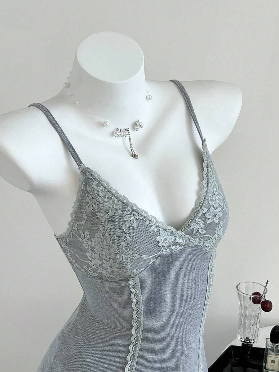 Women's slim fit backless cami tank top with contrast lace patchwork details, spaghetti straps, and high-stretch knitted ribbed fabric.
