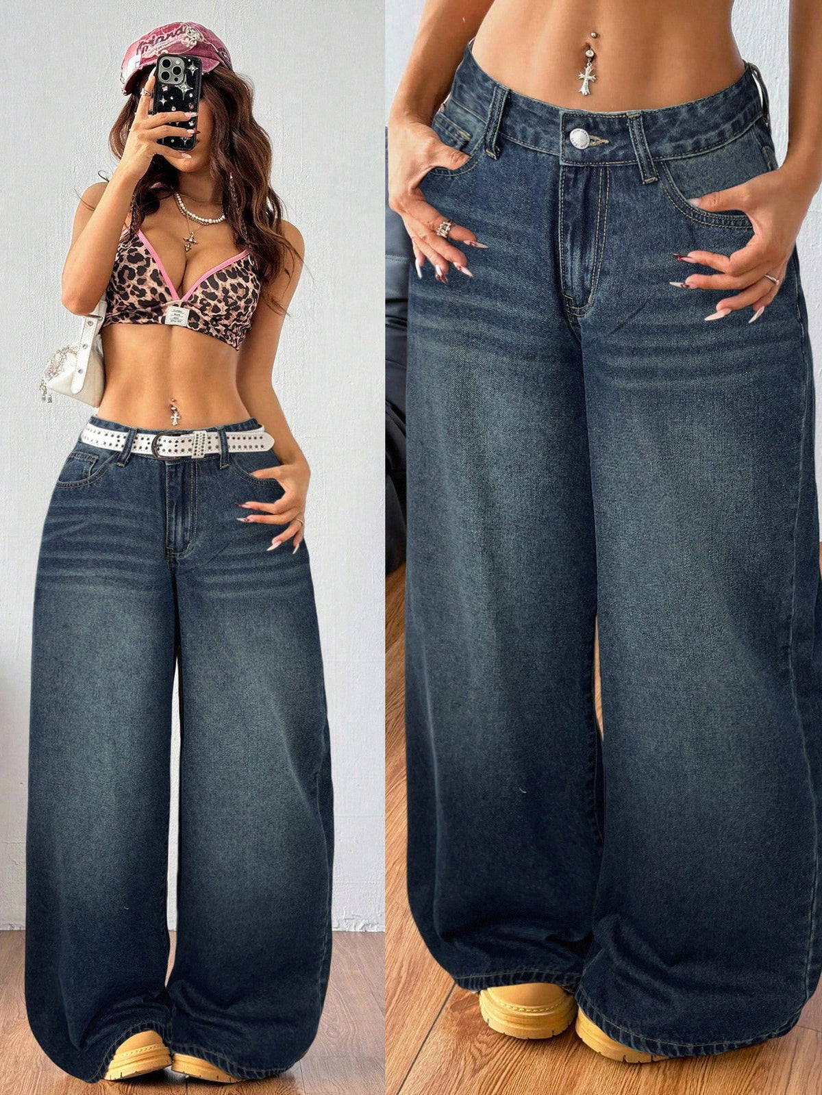 Plus size woman wearing high-waisted blue wide-leg denim jeans with classic pockets and zipper fly.