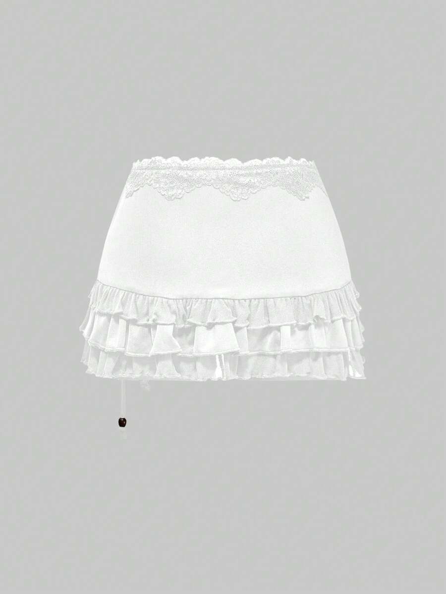 Women's black low-waist mini skirt with drawstring tie, ruched details, lace trim, layered ruffle hem, and asymmetric styling