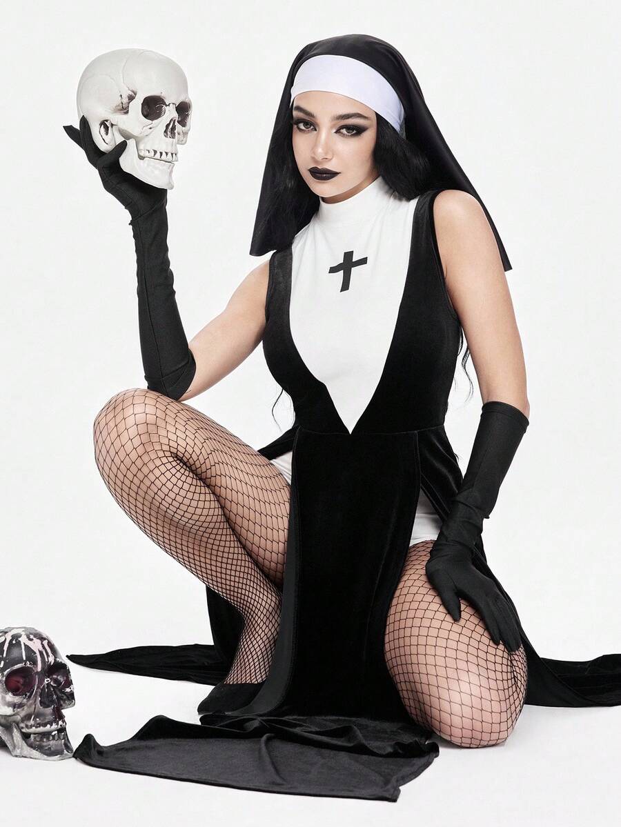 Women's slim fit Halloween role-play costume featuring sheer contrast mesh, stand collar, belted waist, and arm sleeves.