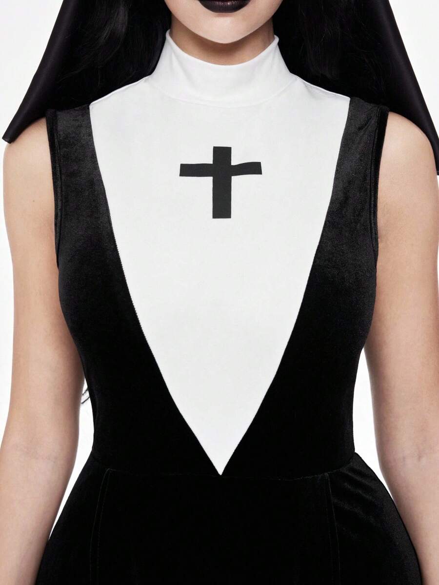 Women's slim fit Halloween role-play costume featuring sheer contrast mesh, stand collar, belted waist, and arm sleeves.