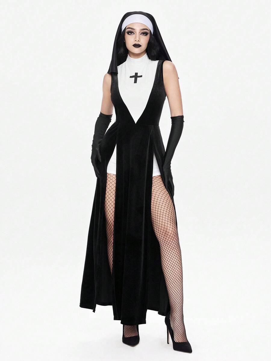Women's slim fit Halloween role-play costume featuring sheer contrast mesh, stand collar, belted waist, and arm sleeves.