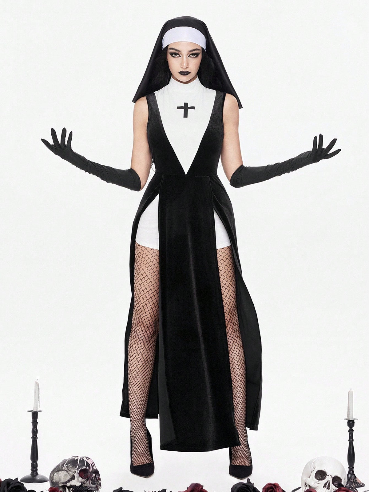 Women's slim fit Halloween role-play costume featuring sheer contrast mesh, stand collar, belted waist, and arm sleeves.