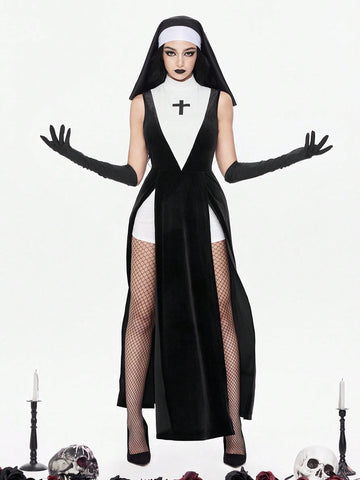 Women's slim fit Halloween role-play costume featuring sheer contrast mesh, stand collar, belted waist, and arm sleeves.