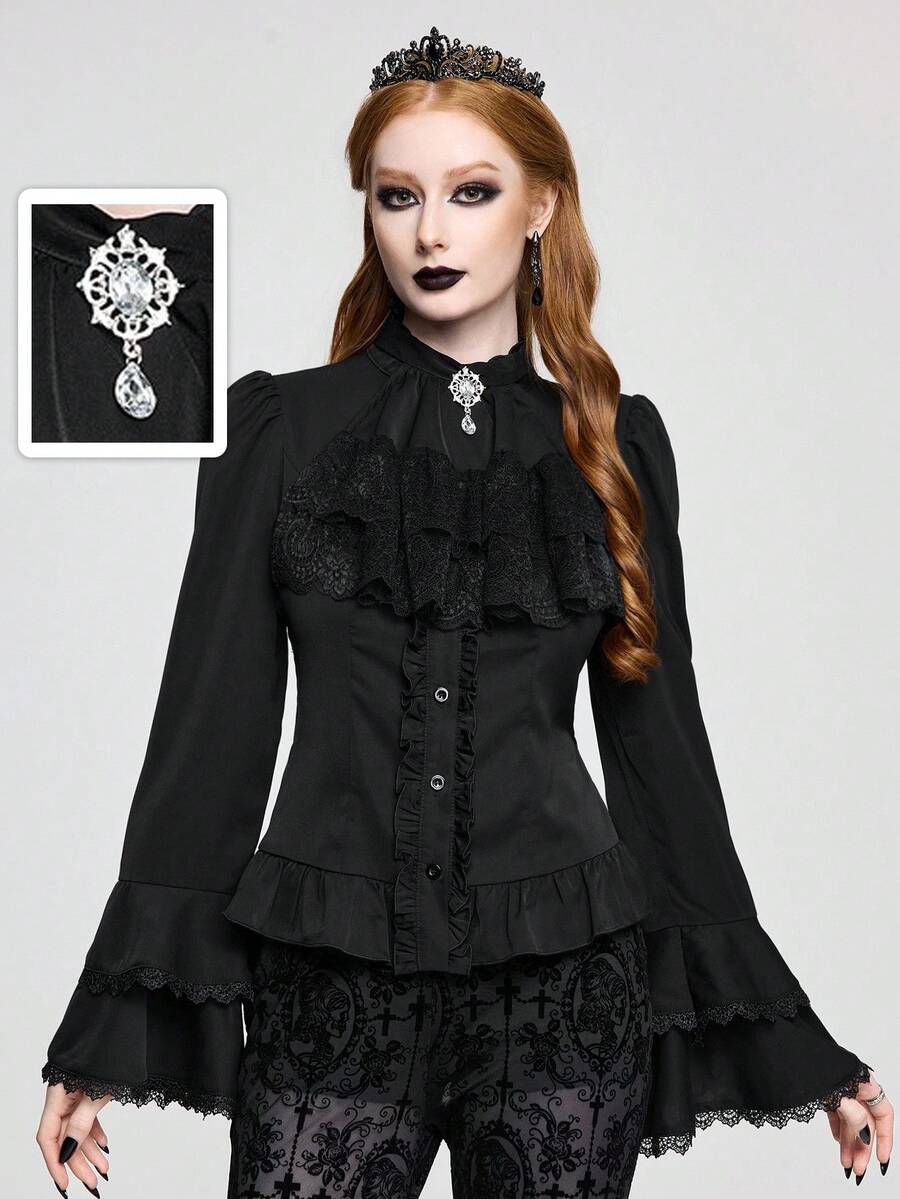 Vintage gothic style women's blouse with stand collar, detachable ruffled bow tie, gem pendant, and flare sleeves
