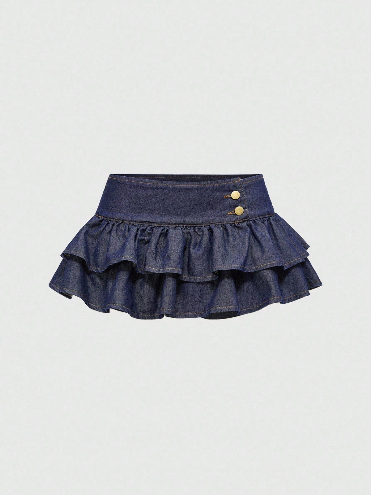 Y2K ultra low waist mini skirt with tiered layer detail, ruffle hem, zipper closure, straight silhouette, and fabric.