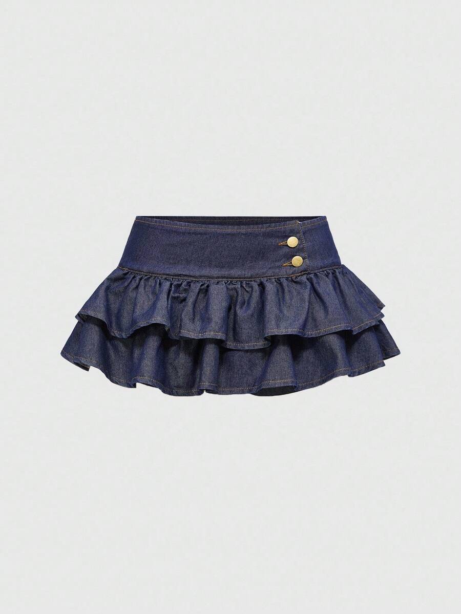 Y2K ultra low waist mini skirt with tiered layer detail, ruffle hem, zipper closure, straight silhouette, and fabric.