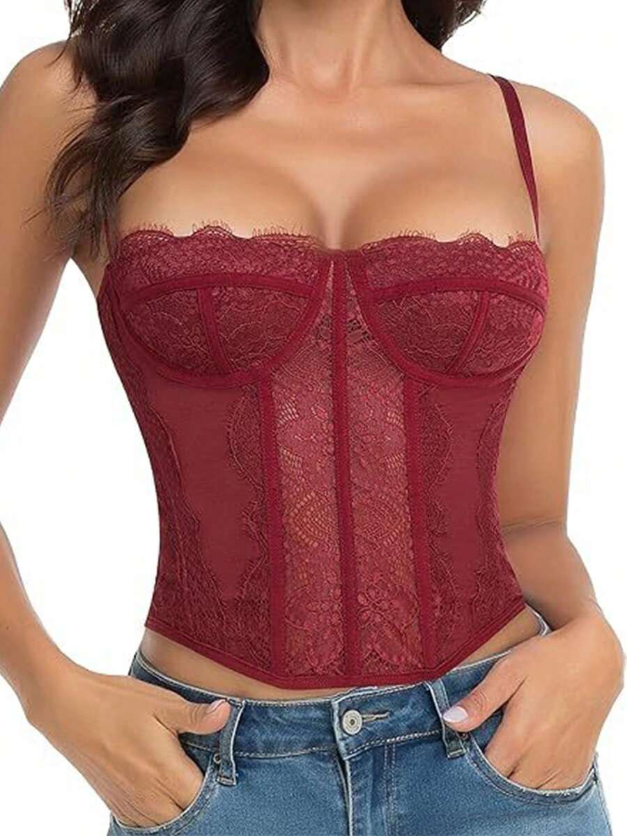 Women's lace bustier corset cami top with spaghetti straps, arm sleeves, asymmetrical contrast lace detail, and buckle accent