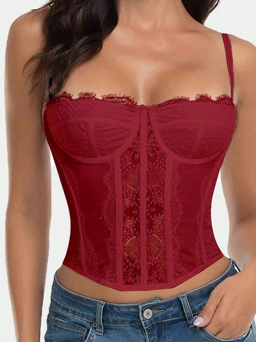 Women's lace bustier corset cami top with spaghetti straps, arm sleeves, asymmetrical contrast lace detail, and buckle accent