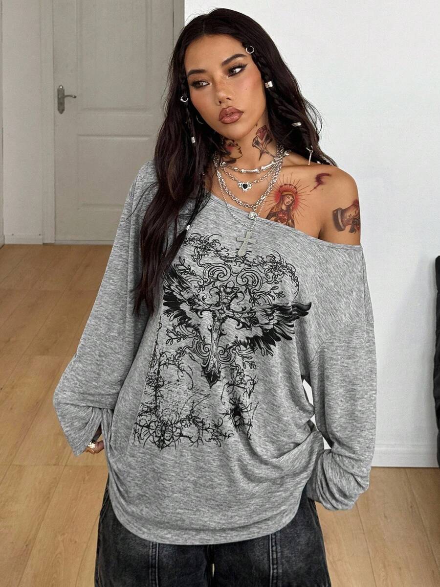 Women's brown striped boat neck long sleeve raglan T-shirt with a loose casual fit