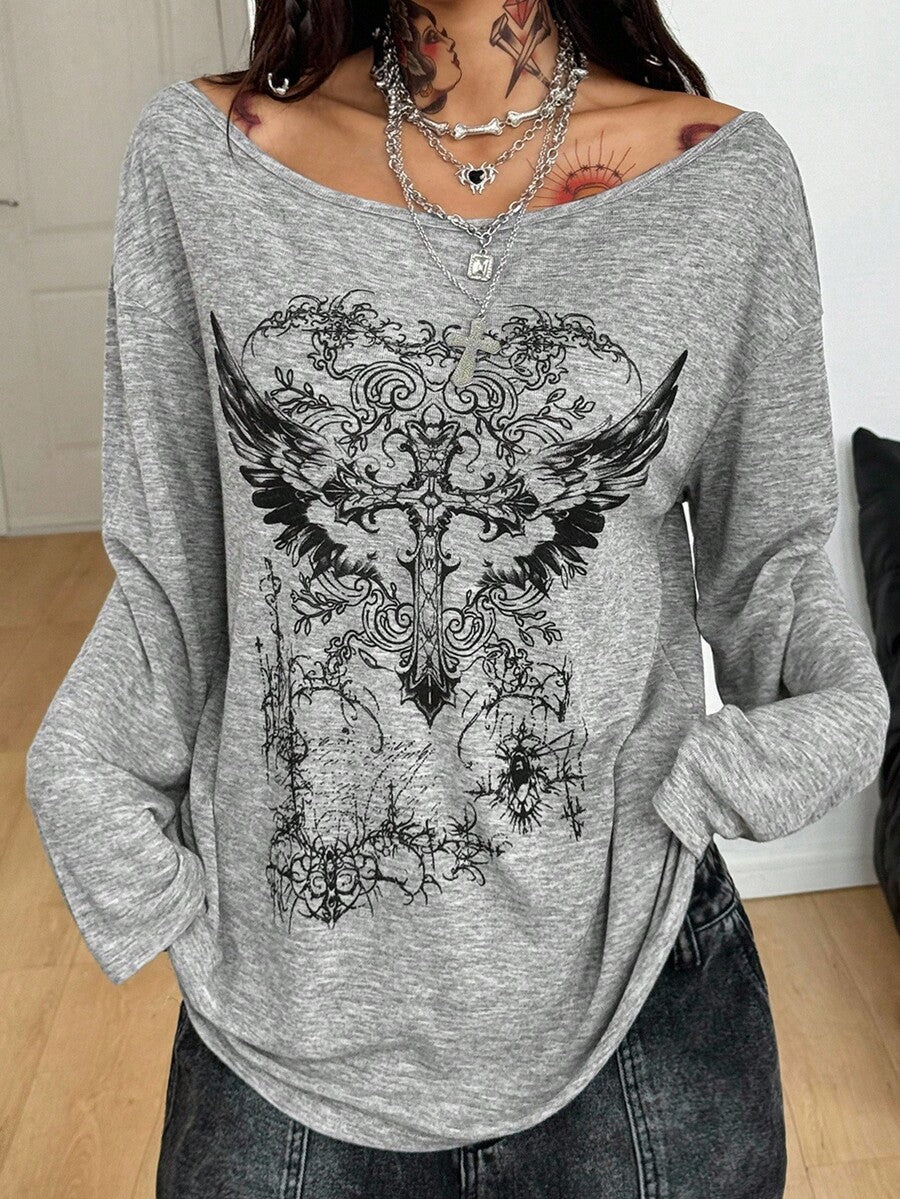 Women's brown striped boat neck long sleeve raglan T-shirt with a loose casual fit