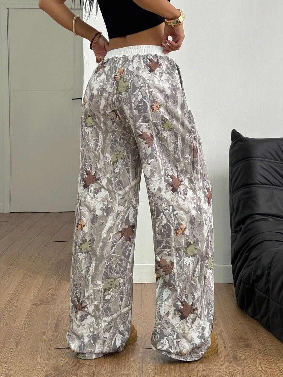 Women's striped straight leg casual trousers with elastic mid waist and side pockets