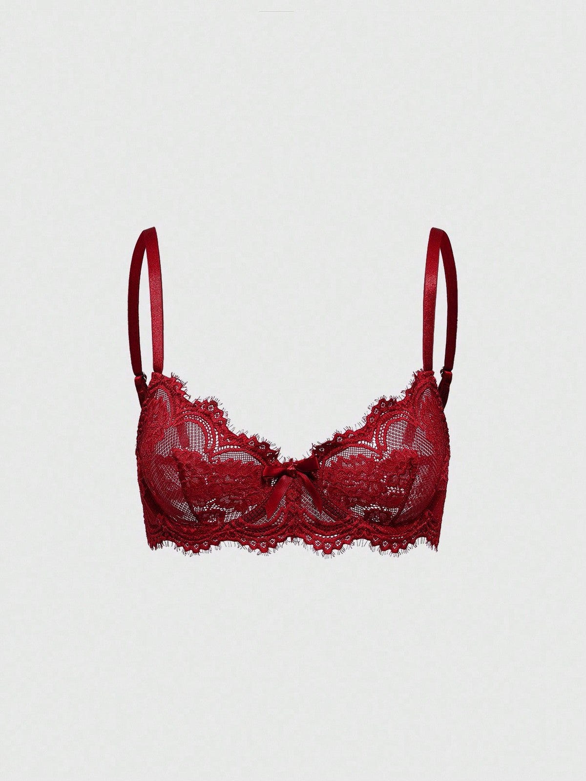 Sheer floral lace underwire triangle bra for women featuring adjustable straps and plunge cup design.