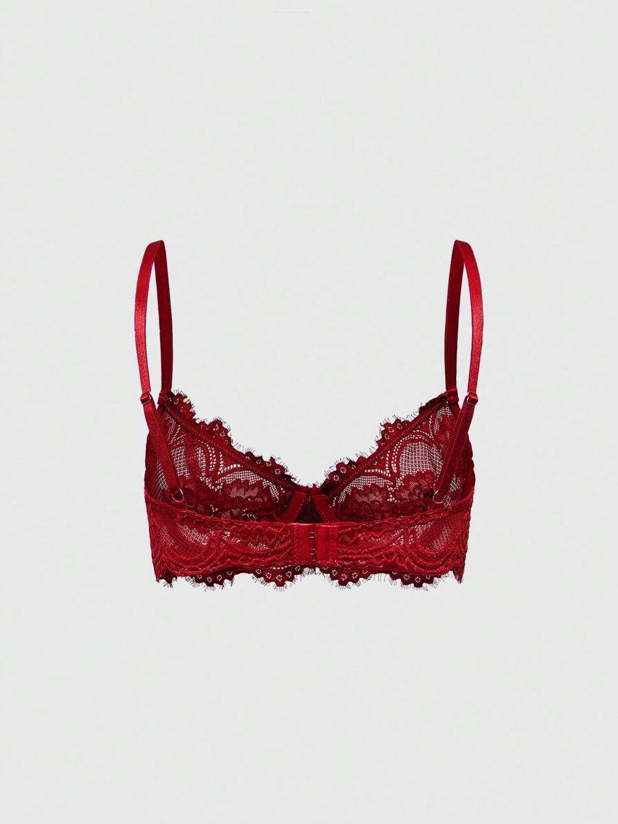 Sheer floral lace underwire triangle bra for women featuring adjustable straps and plunge cup design.