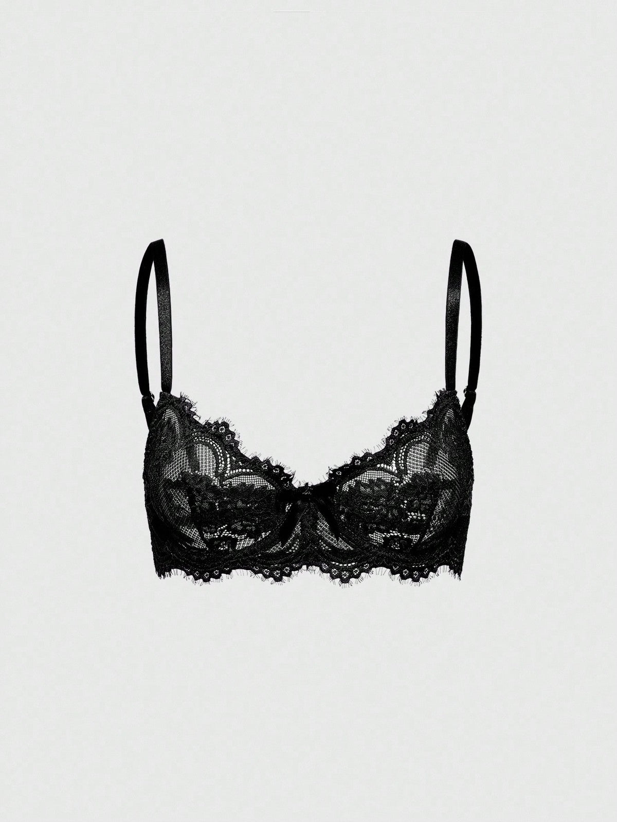 Sheer floral lace underwire triangle bra for women featuring adjustable straps and plunge cup design.