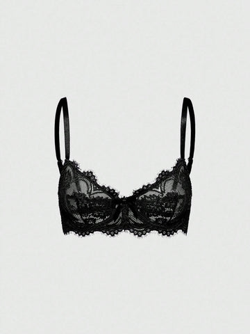 Sheer floral lace underwire triangle bra for women featuring adjustable straps and plunge cup design.