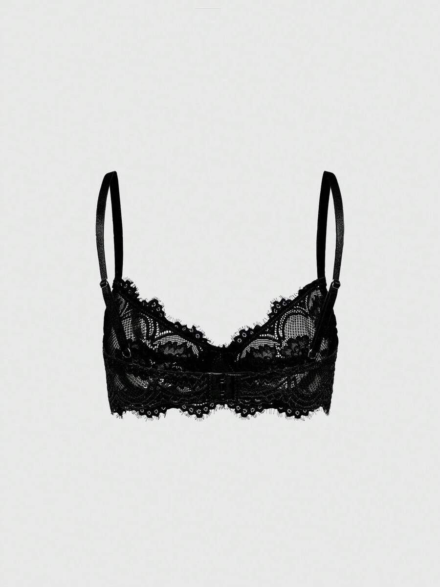 Sheer floral lace underwire triangle bra for women featuring adjustable straps and plunge cup design.