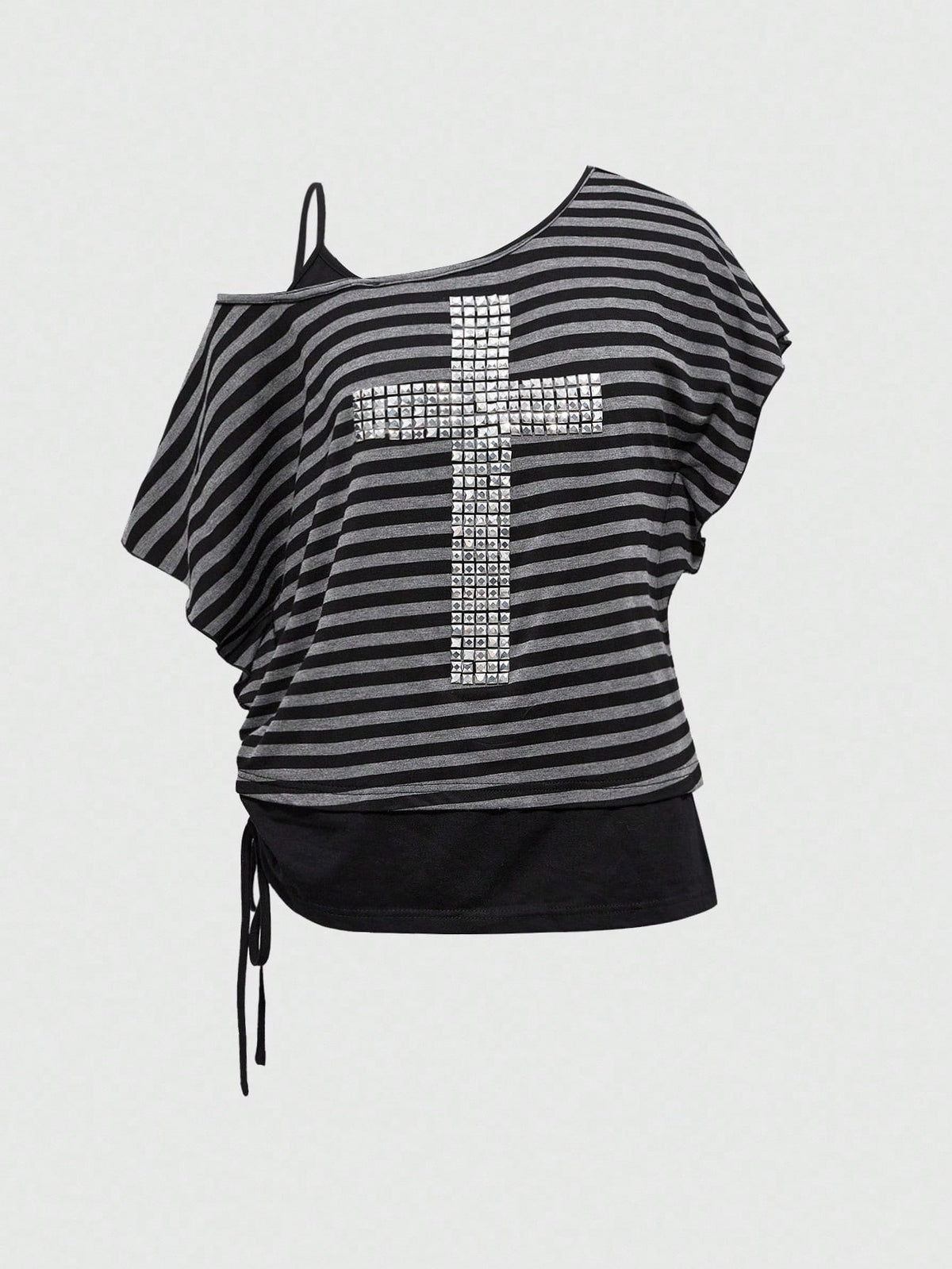 Women's striped t-shirt featuring an asymmetric cold shoulder neckline, batwing short sleeves, and ruched drawstring details in a loose knit fit.