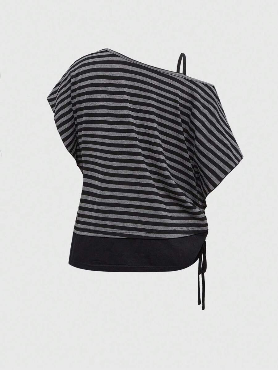 Women's striped t-shirt featuring an asymmetric cold shoulder neckline, batwing short sleeves, and ruched drawstring details in a loose knit fit.