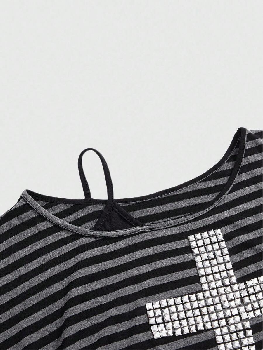 Women's striped t-shirt featuring an asymmetric cold shoulder neckline, batwing short sleeves, and ruched drawstring details in a loose knit fit.