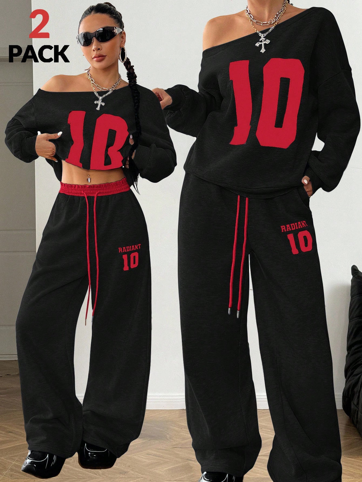 Women's casual two-piece tracksuit featuring an asymmetrical neck long sleeve sweatshirt and matching loose sweatpants with drawstring waist.