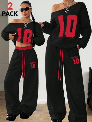 Women's casual two-piece tracksuit featuring an asymmetrical neck long sleeve sweatshirt and matching loose sweatpants with drawstring waist.
