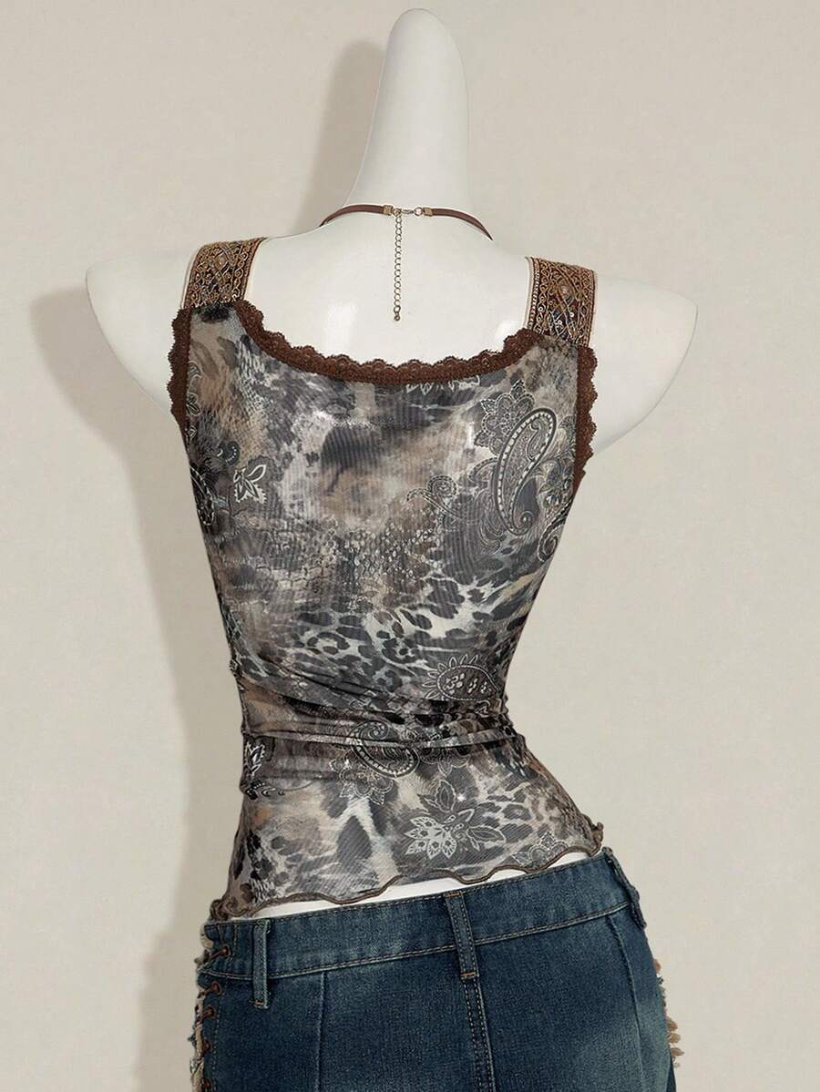 Women's Y2K fitted camisole with V-neckline, contrast lace patchwork, slim fit silhouette, backless design, and asymmetrical hem