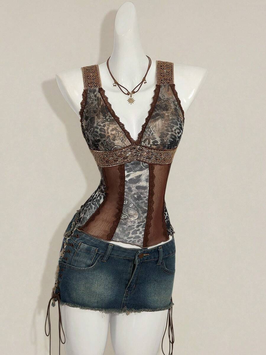 Women's Y2K fitted camisole with V-neckline, contrast lace patchwork, slim fit silhouette, backless design, and asymmetrical hem