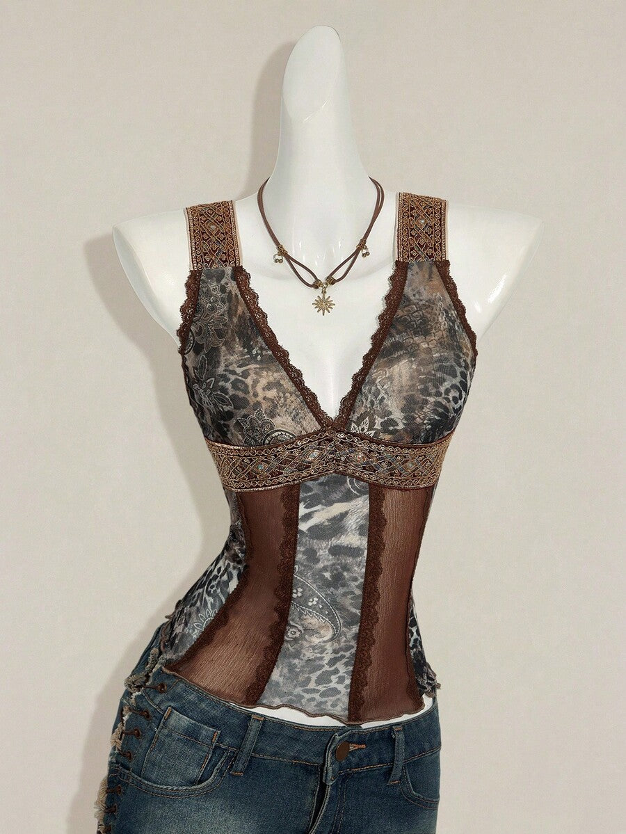 Women's Y2K fitted camisole with V-neckline, contrast lace patchwork, slim fit silhouette, backless design, and asymmetrical hem