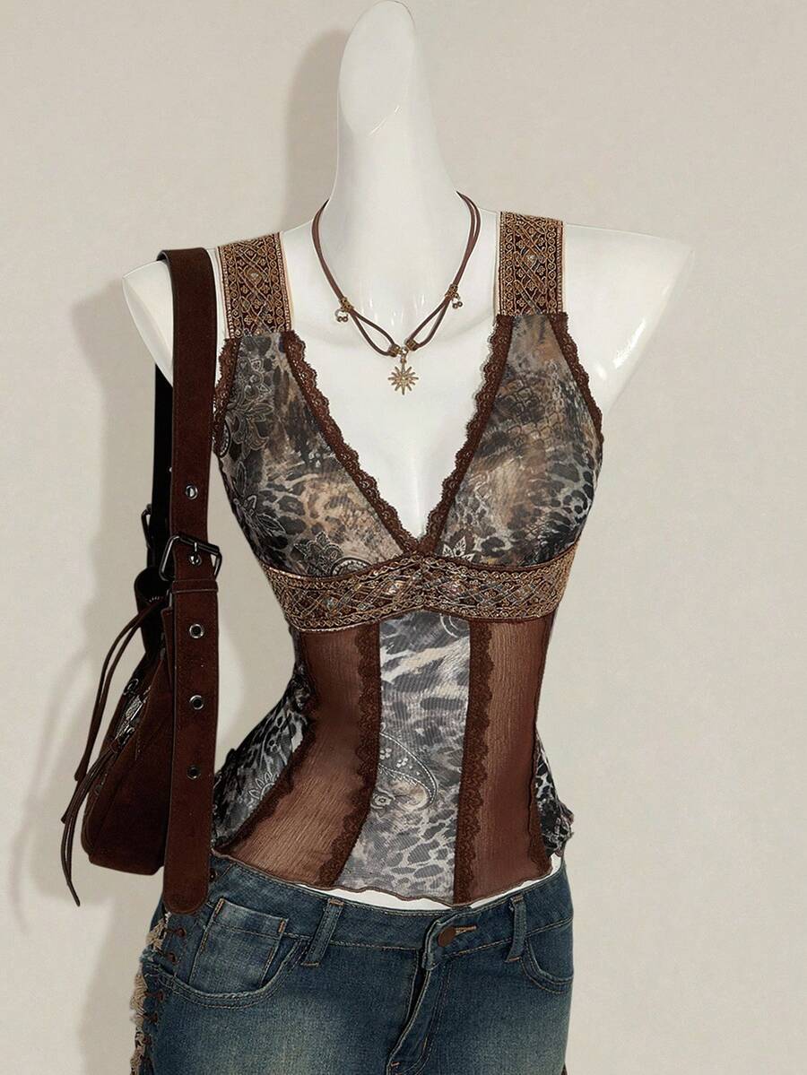 Women's Y2K fitted camisole with V-neckline, contrast lace patchwork, slim fit silhouette, backless design, and asymmetrical hem