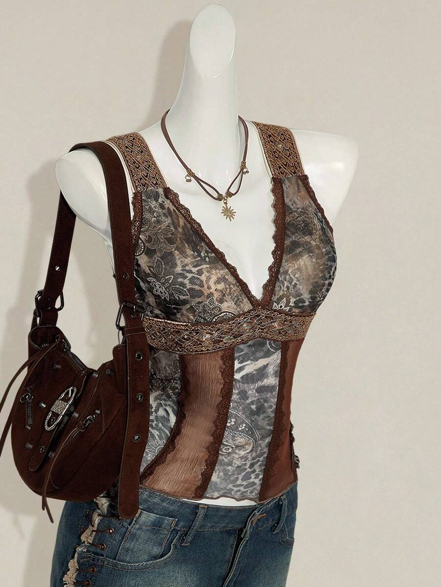 Women's Y2K fitted camisole with V-neckline, contrast lace patchwork, slim fit silhouette, backless design, and asymmetrical hem