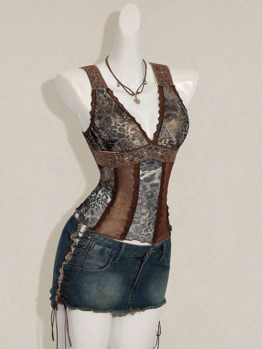 Women's Y2K fitted camisole with V-neckline, contrast lace patchwork, slim fit silhouette, backless design, and asymmetrical hem