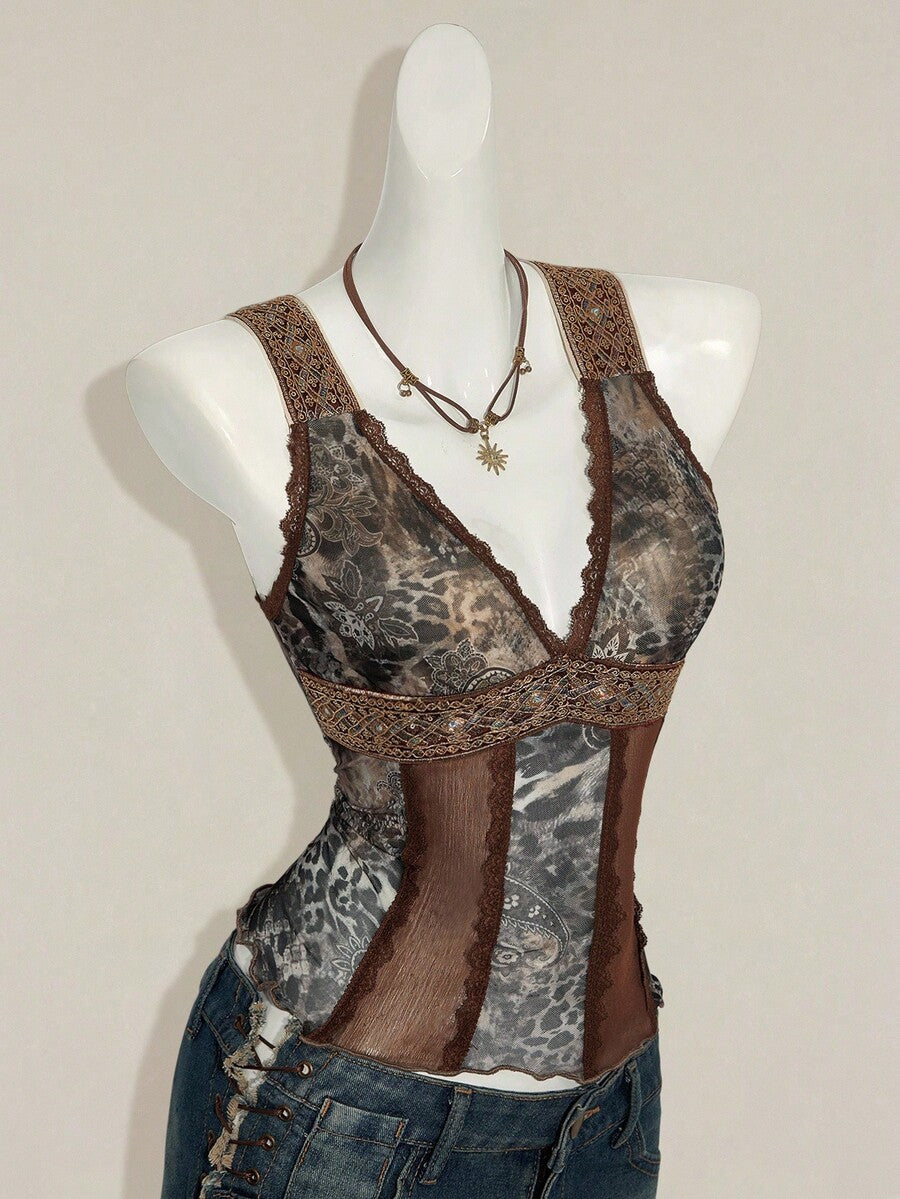 Women's Y2K fitted camisole with V-neckline, contrast lace patchwork, slim fit silhouette, backless design, and asymmetrical hem