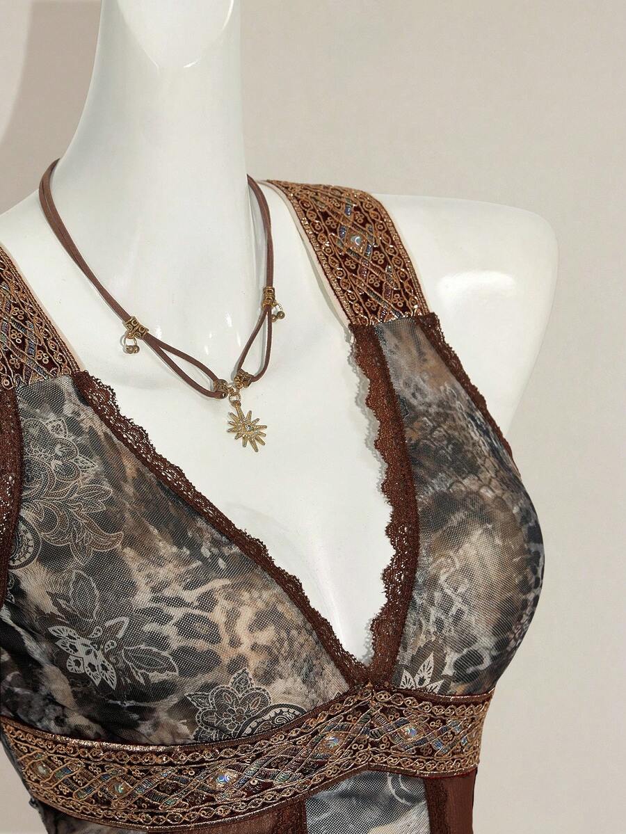 Women's Y2K fitted camisole with V-neckline, contrast lace patchwork, slim fit silhouette, backless design, and asymmetrical hem