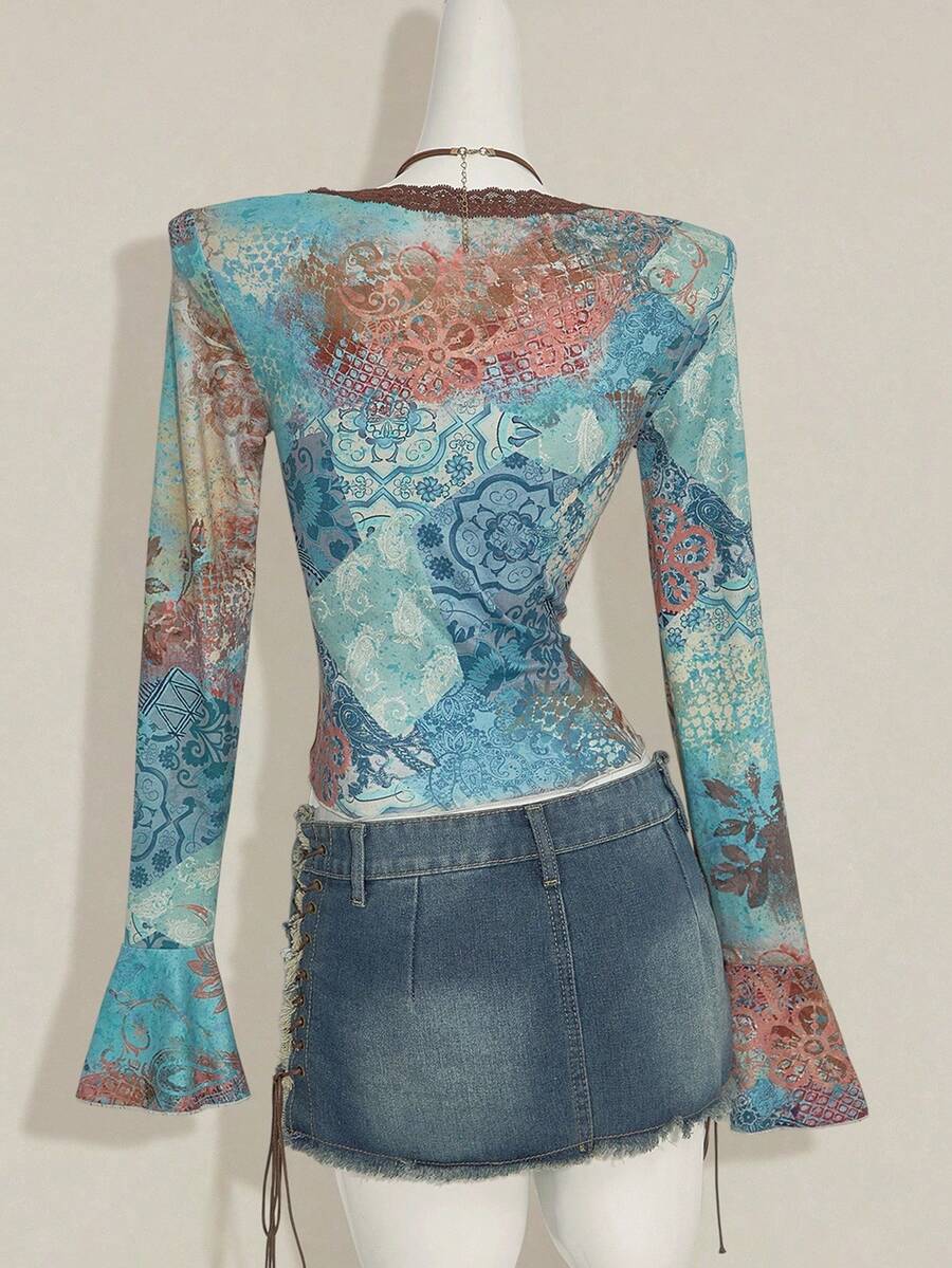 Women's vintage plant print top featuring a sweetheart neckline, flare long sleeves, contrast lace, knot detail, and ruched asymmetrical hem in multicolor.