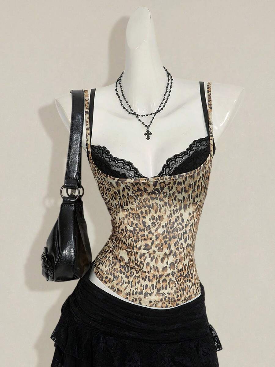 Women's grey leopard print spaghetti strap cami with black contrast lace trim and slim fit design
