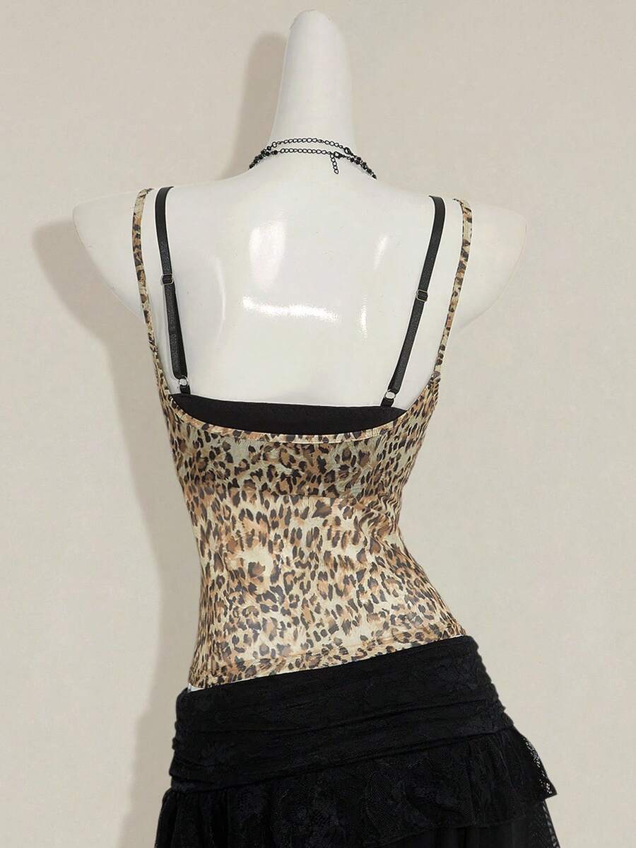 Women's grey leopard print spaghetti strap cami with black contrast lace trim and slim fit design