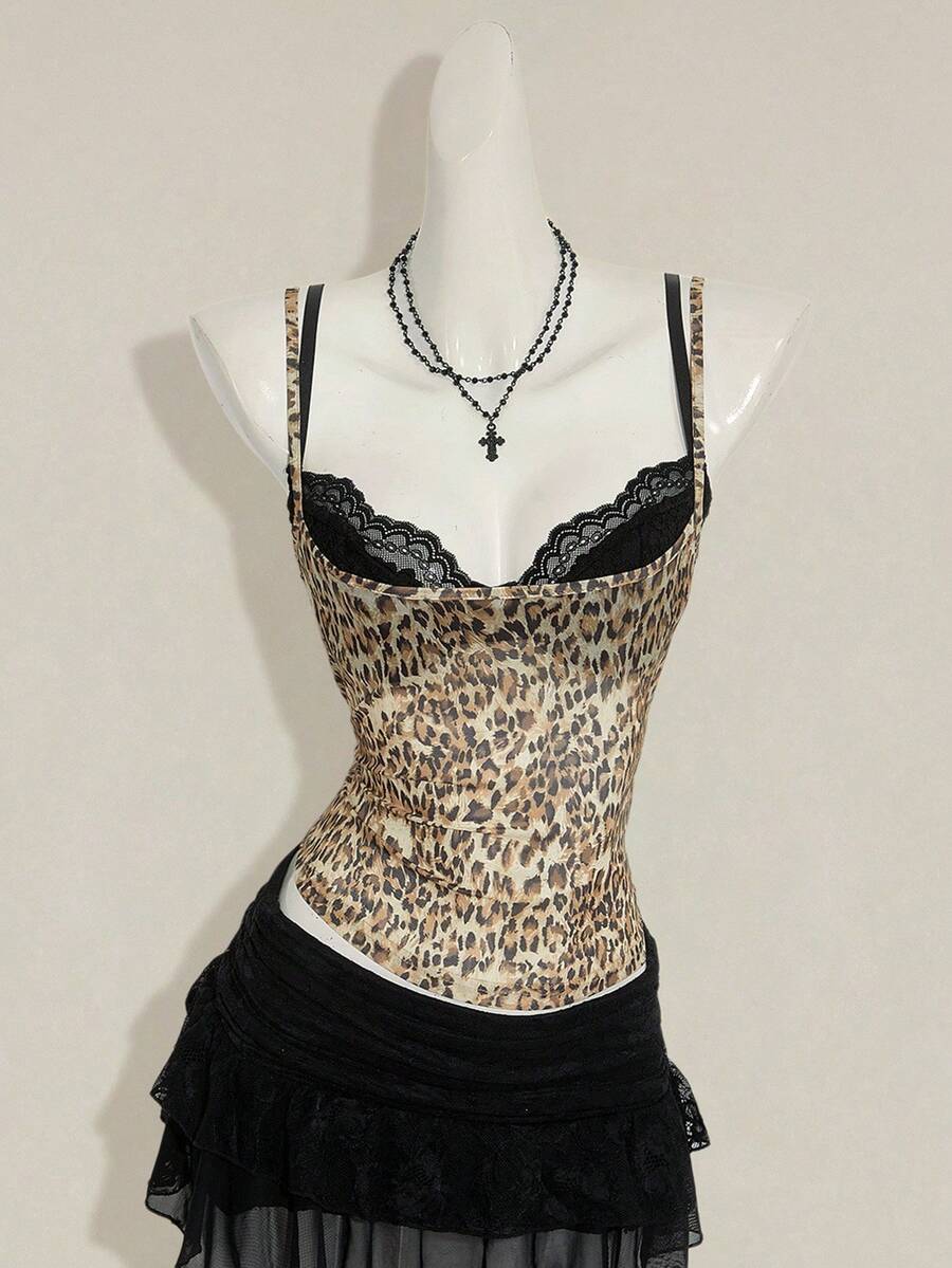 Women's grey leopard print spaghetti strap cami with black contrast lace trim and slim fit design