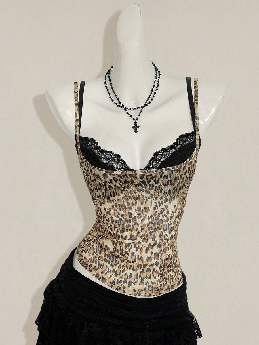 Women's grey leopard print spaghetti strap cami with black contrast lace trim and slim fit design