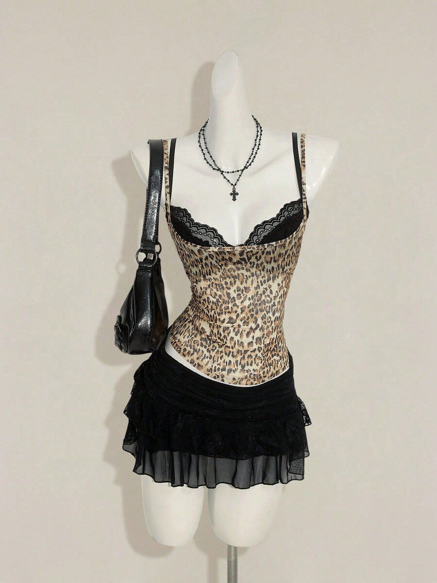 Women's grey leopard print spaghetti strap cami with black contrast lace trim and slim fit design