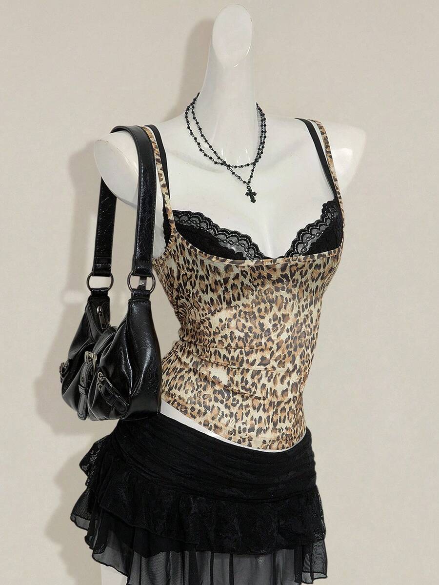 Women's grey leopard print spaghetti strap cami with black contrast lace trim and slim fit design