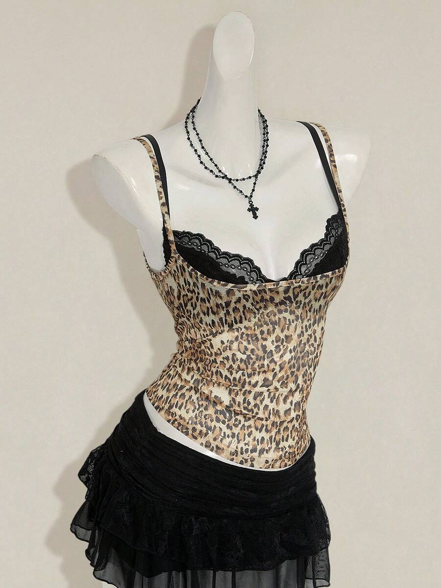 Women's grey leopard print spaghetti strap cami with black contrast lace trim and slim fit design