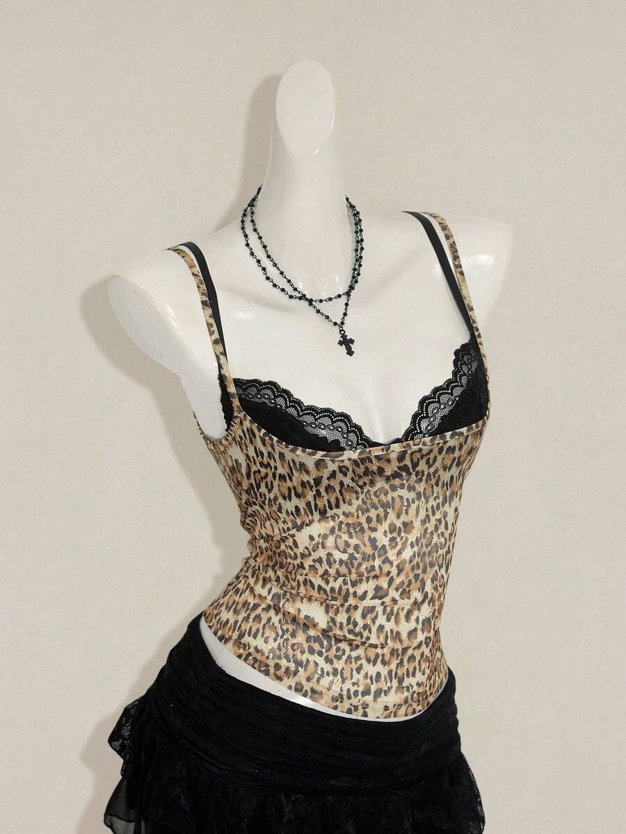 Women's grey leopard print spaghetti strap cami with black contrast lace trim and slim fit design