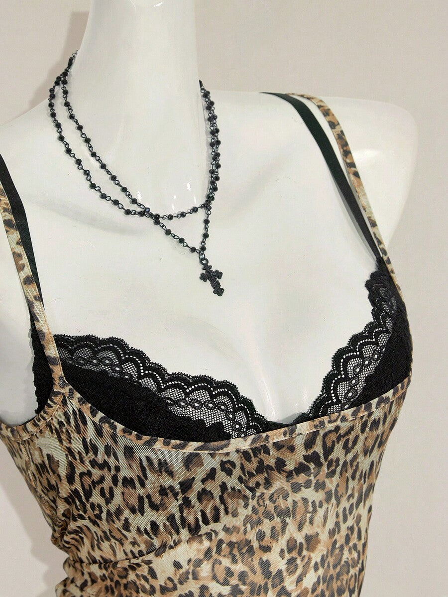 Women's grey leopard print spaghetti strap cami with black contrast lace trim and slim fit design