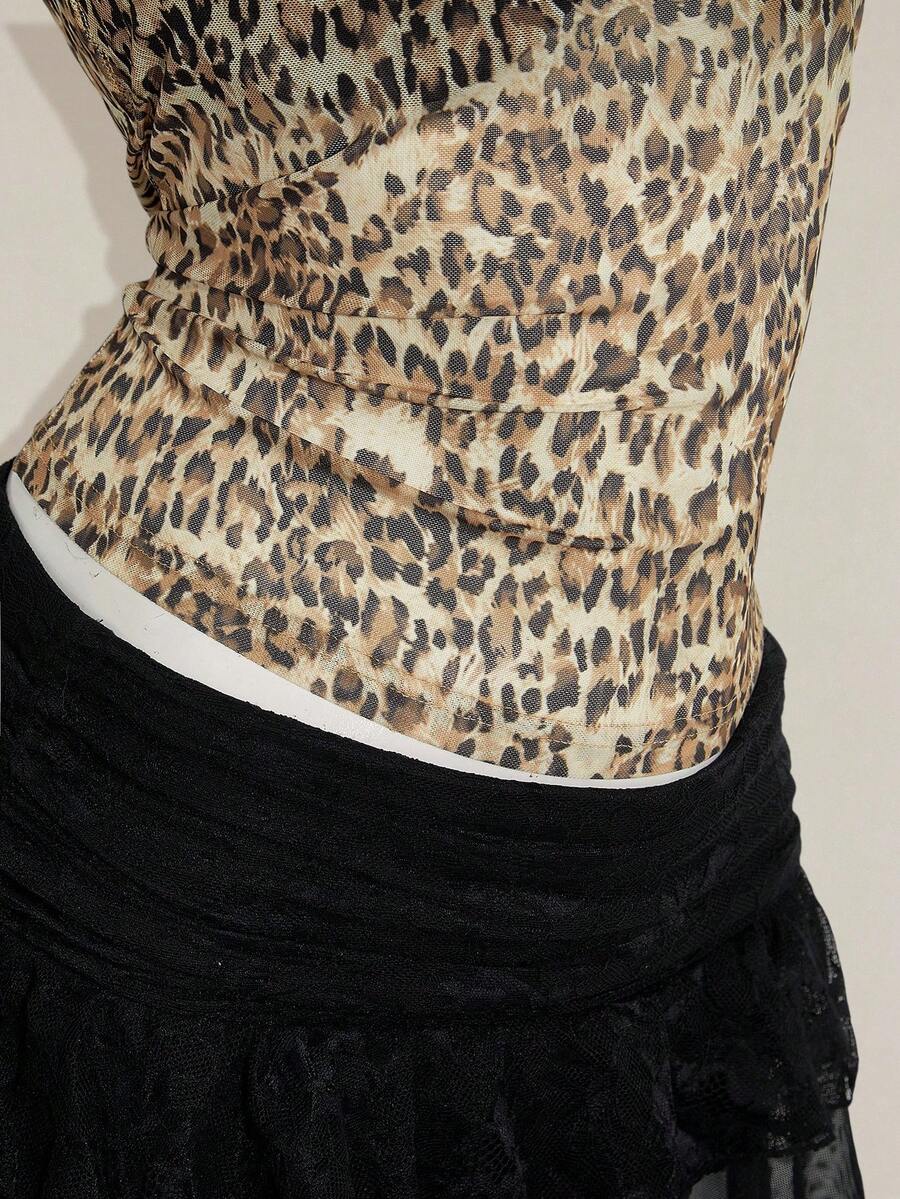 Women's grey leopard print spaghetti strap cami with black contrast lace trim and slim fit design