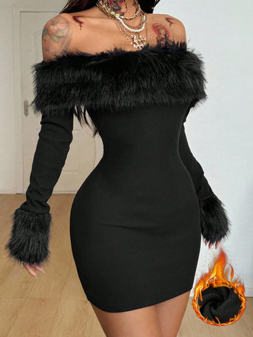 White off the shoulder long sleeve mini dress for women with faux fur collar trim and slim fit stretch knit fabric.