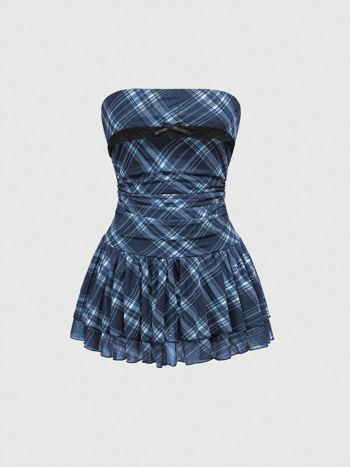 J-Fashion vintage sweet plaid printed strapless mini dress with bow detail, ruched bodice, layered ruffle hem, and matching inner mini shorts.